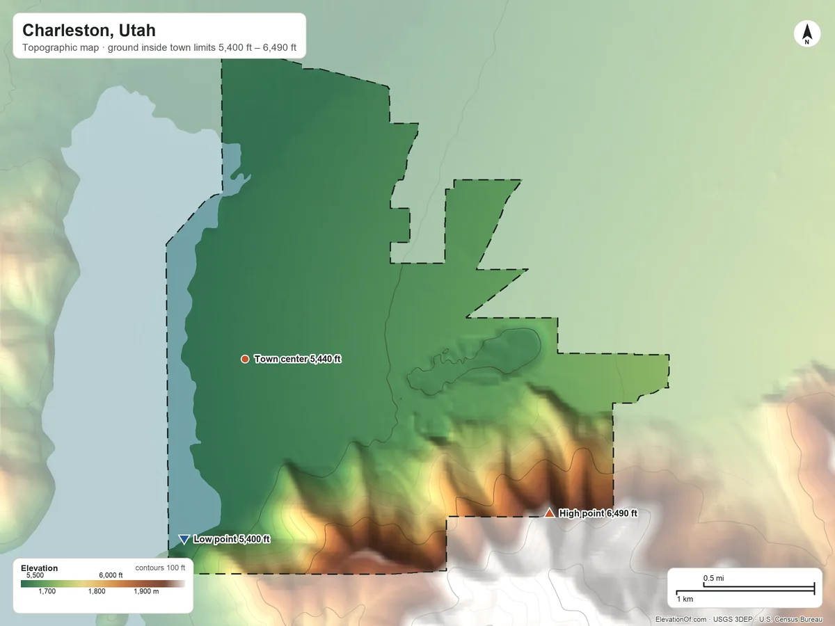 Topographic elevation map of Charleston, Utah, shaded from 5,400 ft on the south side to 6,490 ft at the foot of the The West Hills