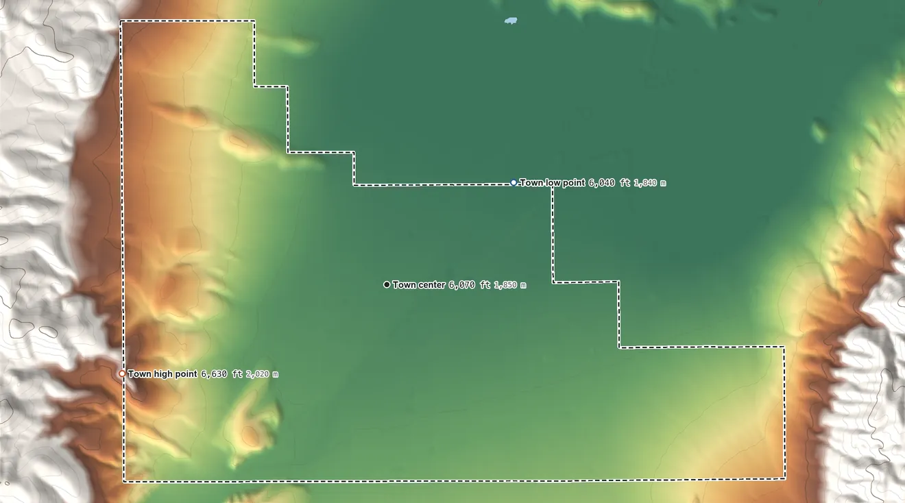Topographic elevation map of Circleville, Utah, shaded from 6,040 ft on the northeast side to 6,630 ft at the foot of the Tushar Mountains