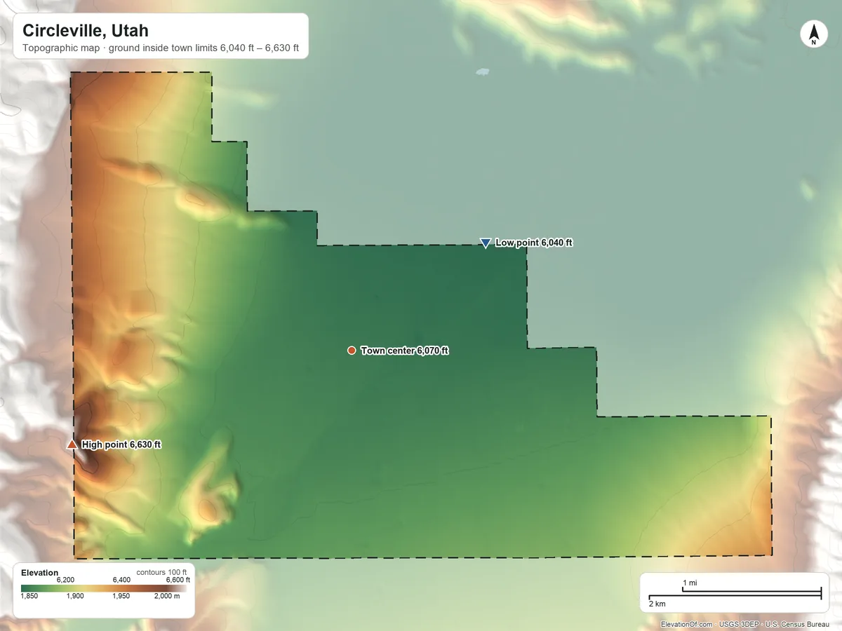 Topographic elevation map of Circleville, Utah, shaded from 6,040 ft on the northeast side to 6,630 ft at the foot of the Tushar Mountains