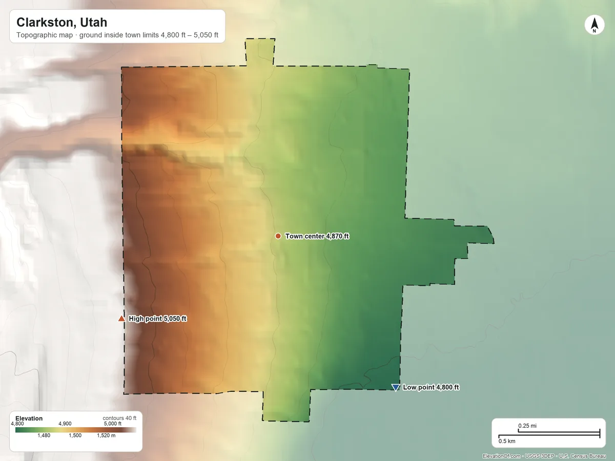 Topographic elevation map of Clarkston, Utah, shaded from 4,800 ft on the southeast side to 5,050 ft at the foot of the West Hills