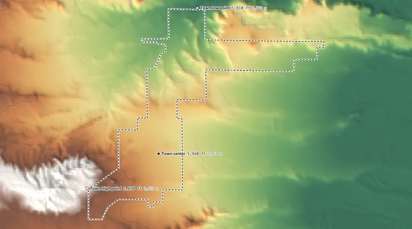 Topographic elevation map of Clawson, Utah, shaded from 5,810 ft on the north side to 6,090 ft on the southwest edge, below higher ground just outside