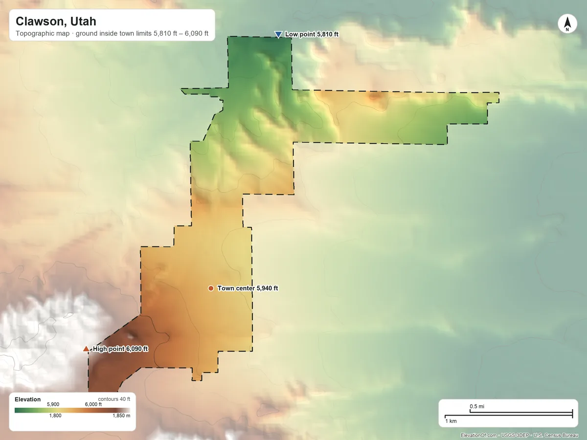 Topographic elevation map of Clawson, Utah, shaded from 5,810 ft on the north side to 6,090 ft on the southwest edge, below higher ground just outside