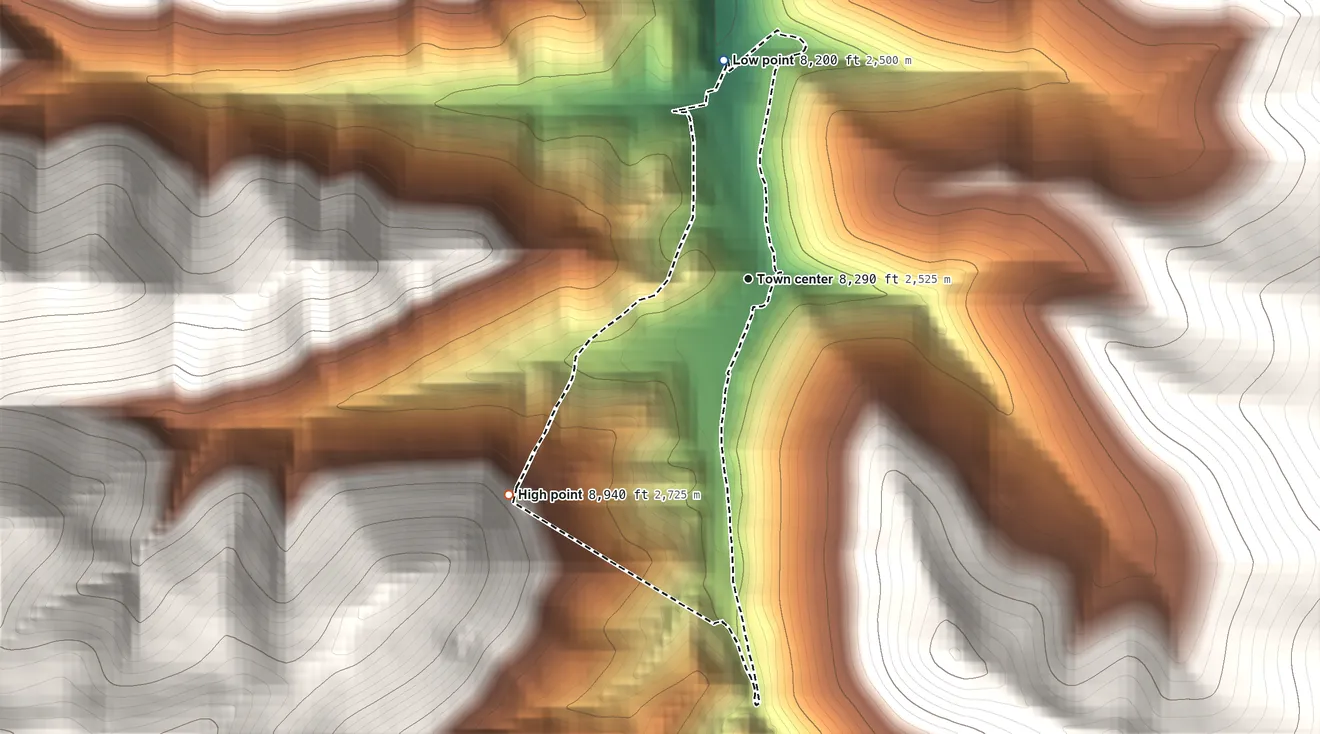 Topographic elevation map of Clear Creek, Utah, shaded from 8,200 ft on the north side to 8,940 ft on the southwest edge, below higher ground just outside