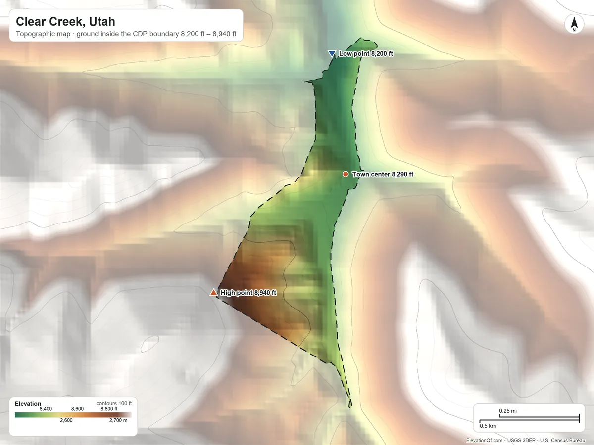 Topographic elevation map of Clear Creek, Utah, shaded from 8,200 ft on the north side to 8,940 ft on the southwest edge, below higher ground just outside