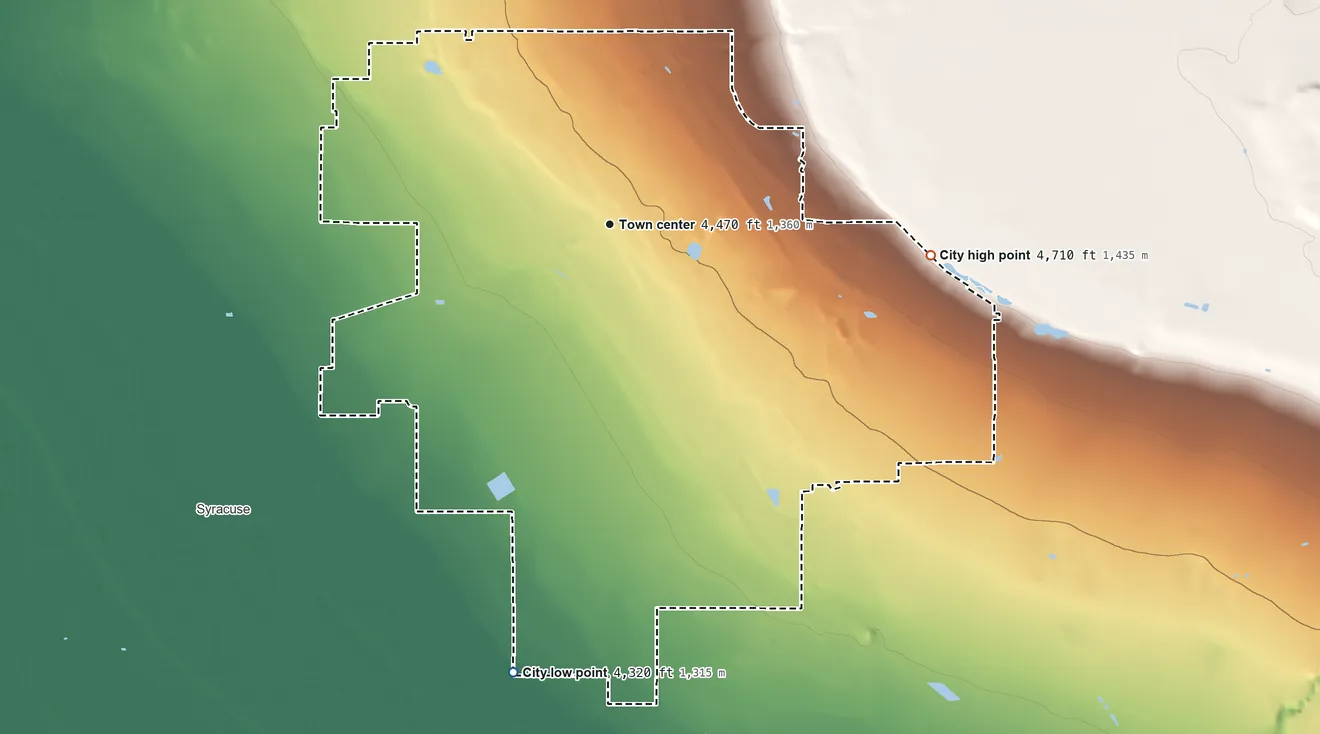 Topographic elevation map of Clearfield, Utah, shaded from 4,320 ft on the south side to 4,710 ft on the east side