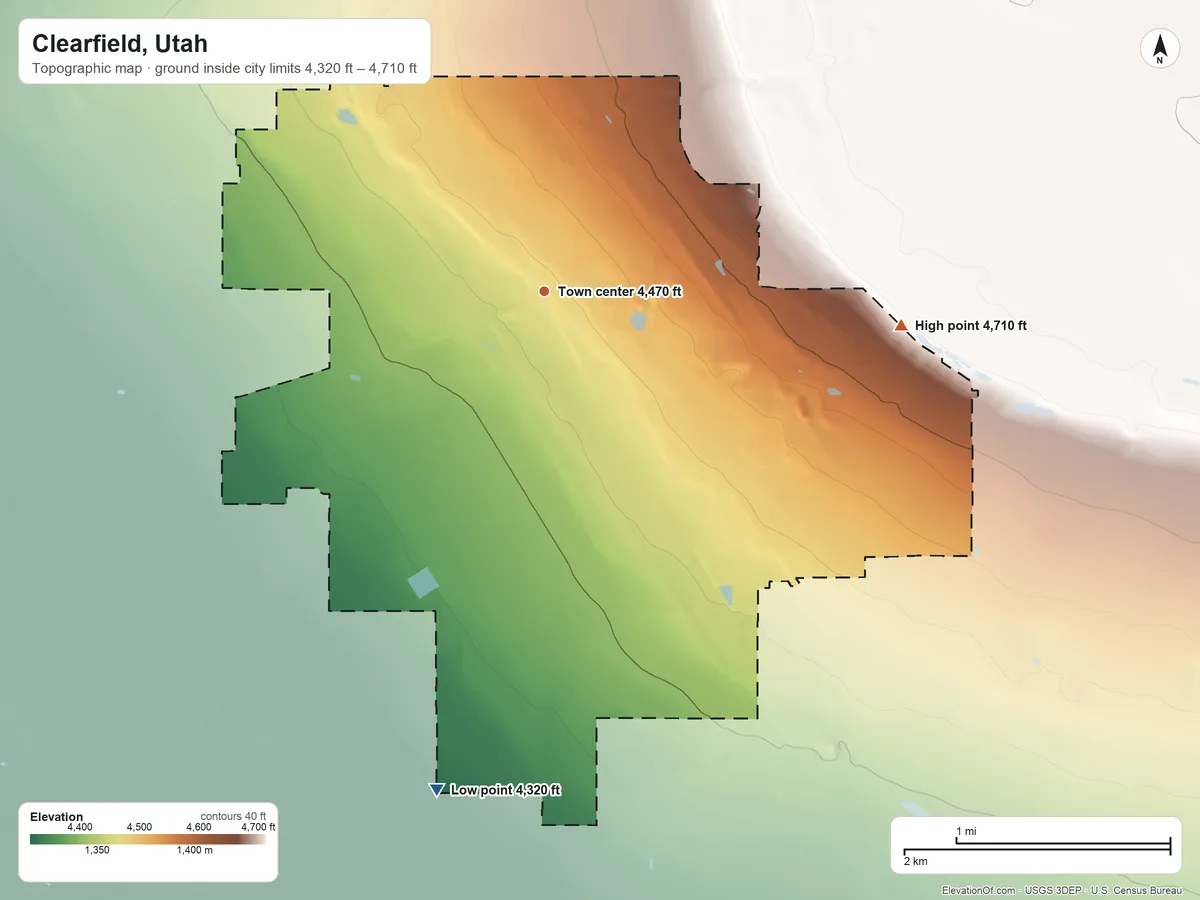 Topographic elevation map of Clearfield, Utah, shaded from 4,320 ft on the south side to 4,710 ft on the east side