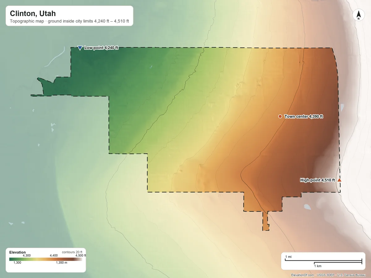 Topographic elevation map of Clinton, Utah, shaded from 4,240 ft on the west side to 4,510 ft on the southeast side