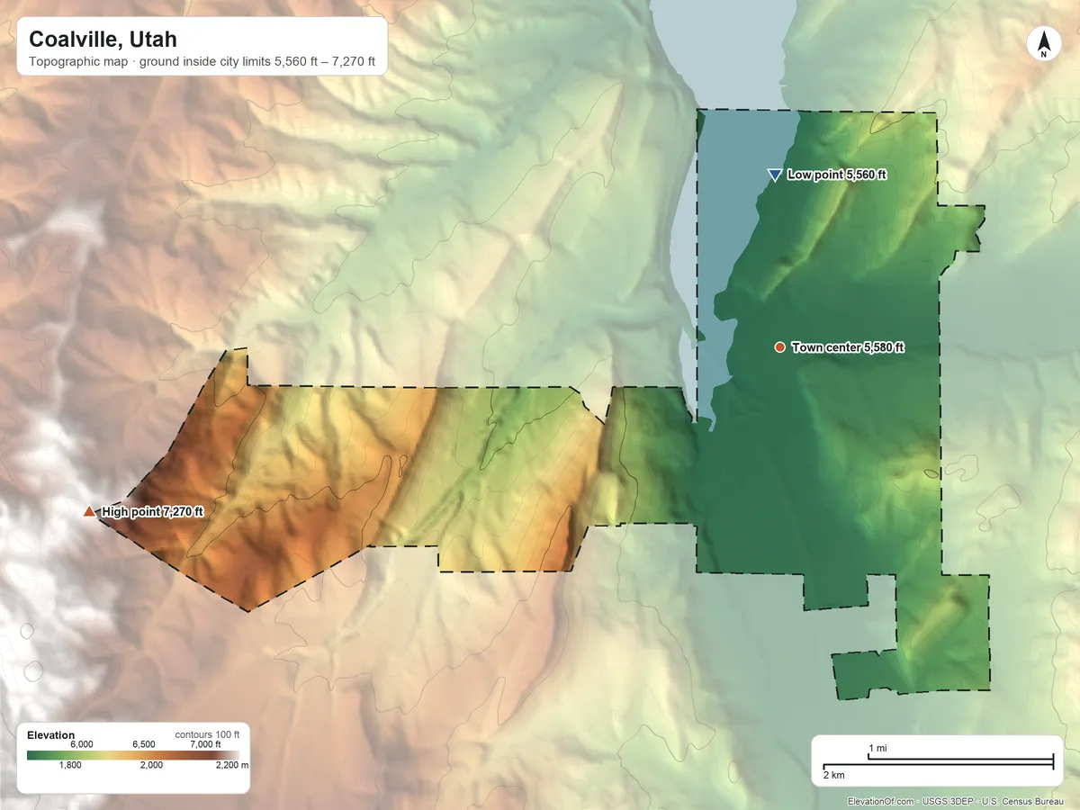 Topographic elevation map of Coalville, Utah, shaded from 5,560 ft on the north side to 7,270 ft on the west edge, below higher ground just outside
