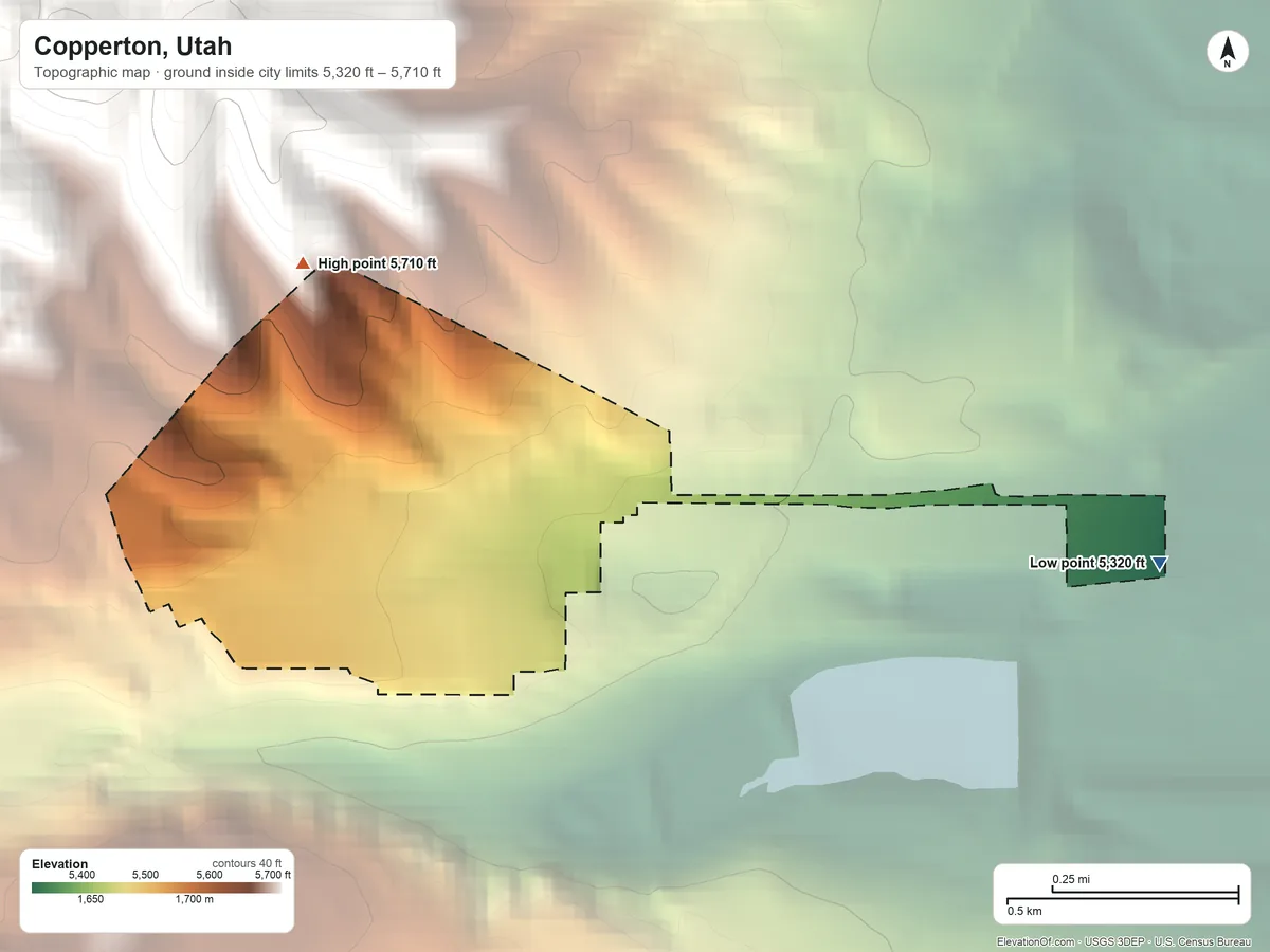 Topographic elevation map of Copperton, Utah, shaded from 5,320 ft on the east side to 5,710 ft at the foot of the Traverse Mountains
