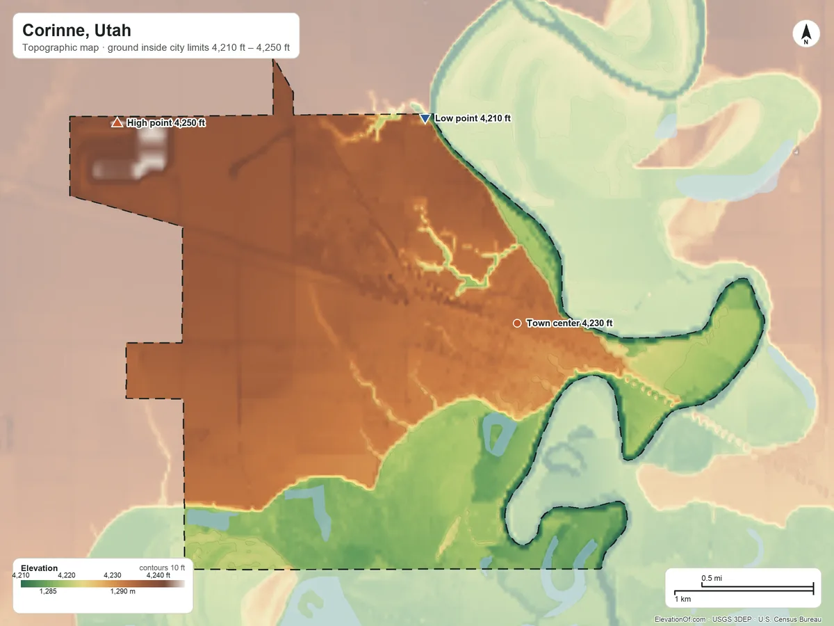 Topographic elevation map of Corinne, Utah, shaded from 4,210 ft on the northwest side to 4,250 ft on the northwest side