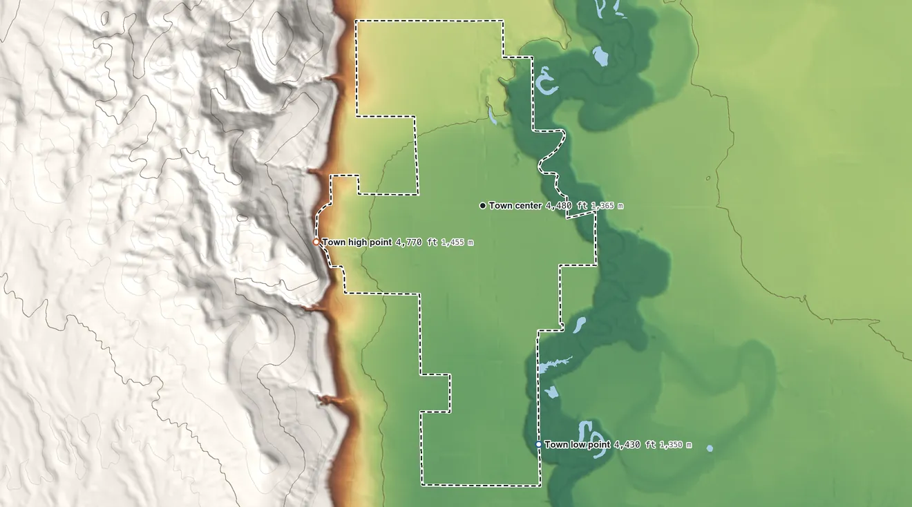 Topographic elevation map of Cornish, Utah, shaded from 4,430 ft on the south side to 4,770 ft on the west edge, below higher ground just outside