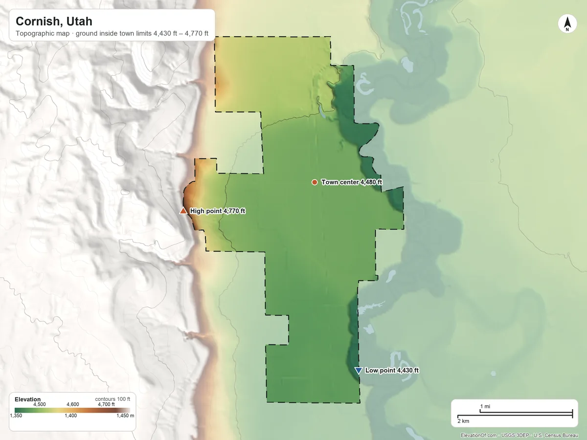 Topographic elevation map of Cornish, Utah, shaded from 4,430 ft on the south side to 4,770 ft on the west edge, below higher ground just outside