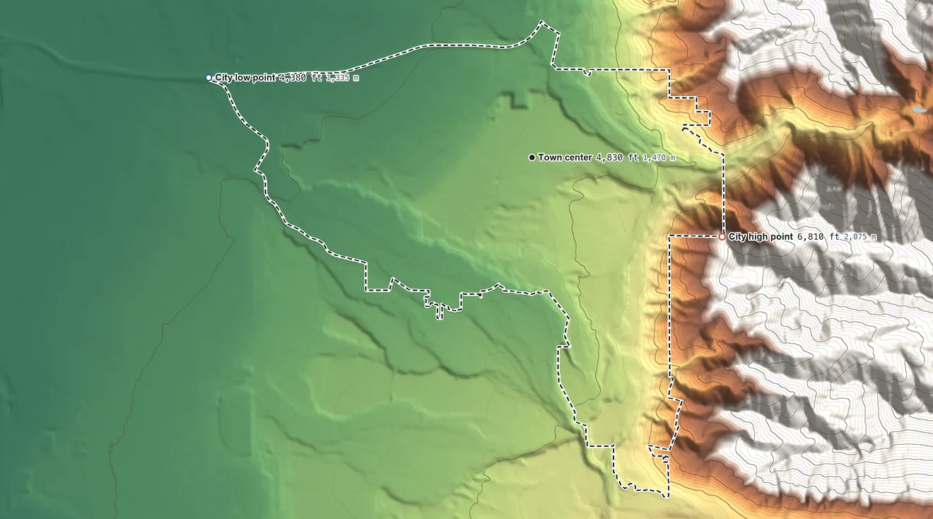Topographic elevation map of Cottonwood Heights, Utah, shaded from 4,380 ft on the west side to 6,810 ft on the southeast edge, below higher ground just outside