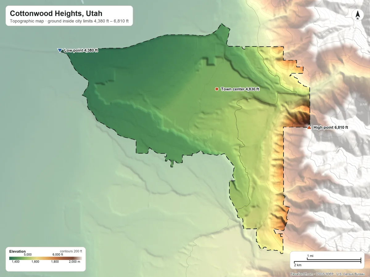 Topographic elevation map of Cottonwood Heights, Utah, shaded from 4,380 ft on the west side to 6,810 ft on the southeast edge, below higher ground just outside