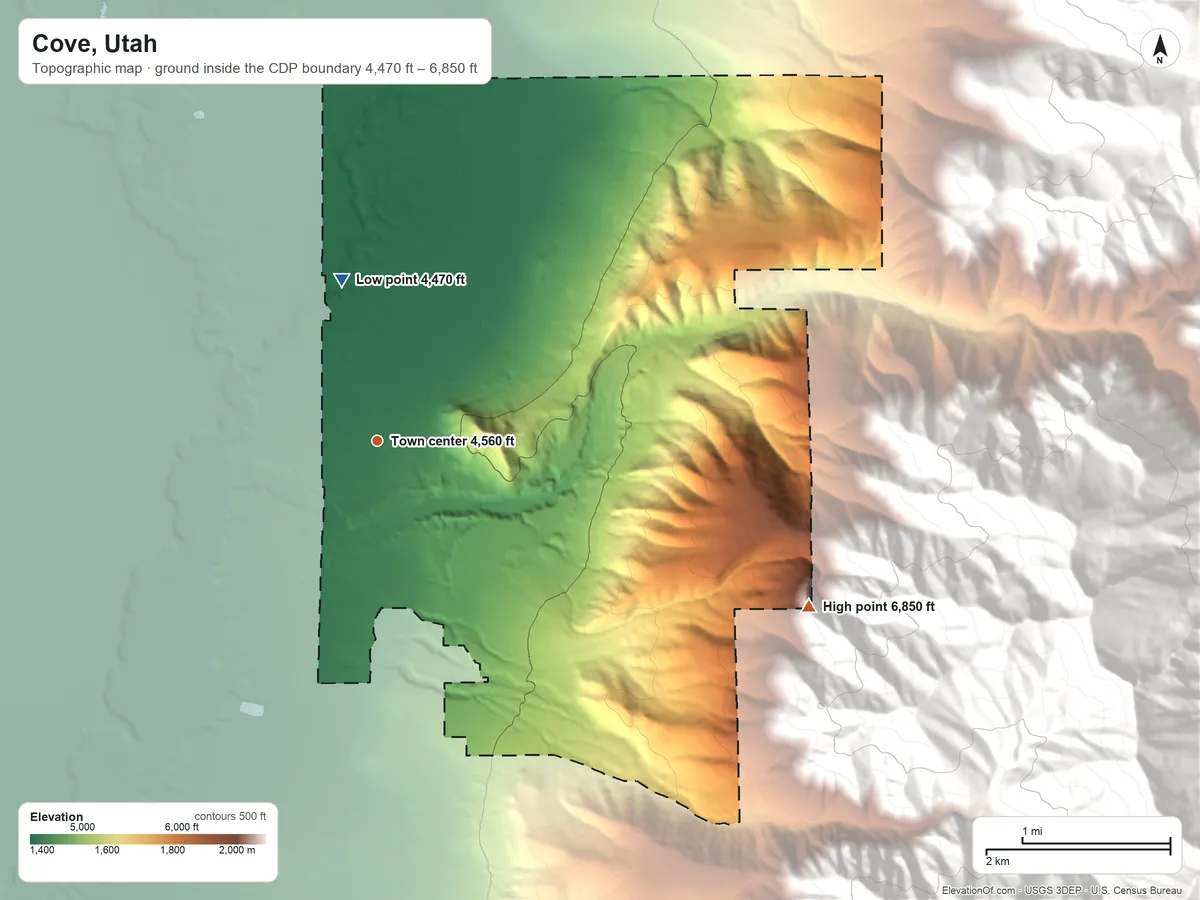Topographic elevation map of Cove, Utah, shaded from 4,470 ft on the north side to 6,850 ft at the foot of the Bear River Range