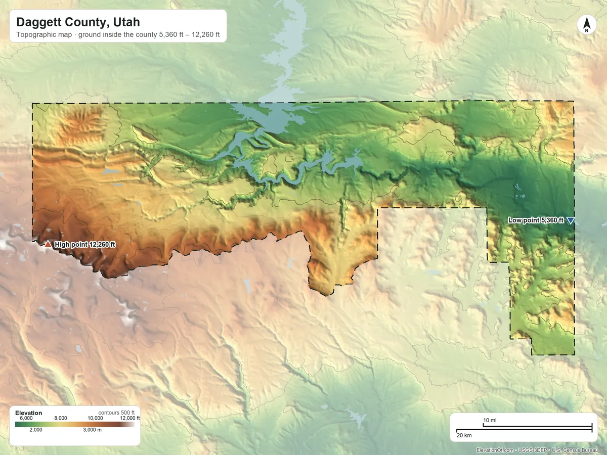 Topographic elevation map of Daggett County, Utah, shaded from 5,360 ft on the east side to 12,260 ft on the west side