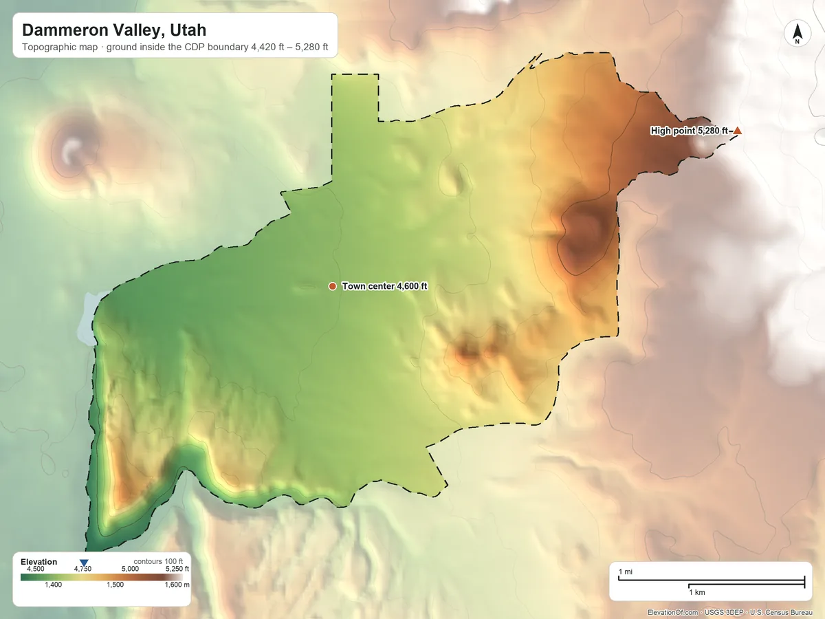 Topographic elevation map of Dammeron Valley, Utah, shaded from 4,420 ft on the southwest side to 5,280 ft at the foot of the Pine Valley Mountains