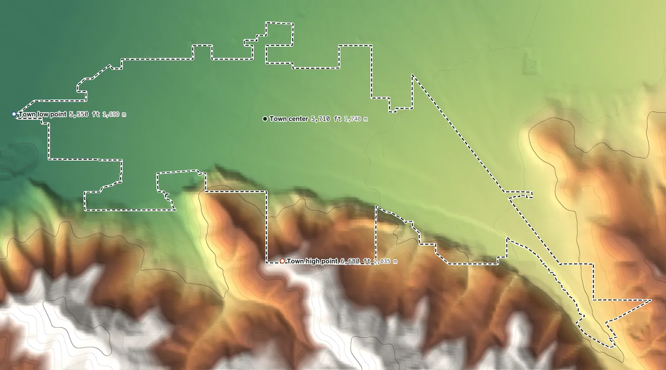 Topographic elevation map of Daniel, Utah, shaded from 5,550 ft on the west side to 6,680 ft at the foot of the The West Hills