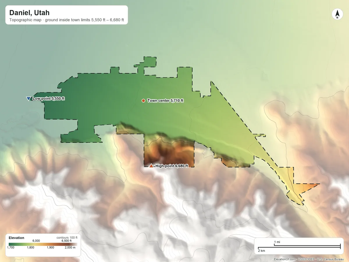 Topographic elevation map of Daniel, Utah, shaded from 5,550 ft on the west side to 6,680 ft at the foot of the The West Hills