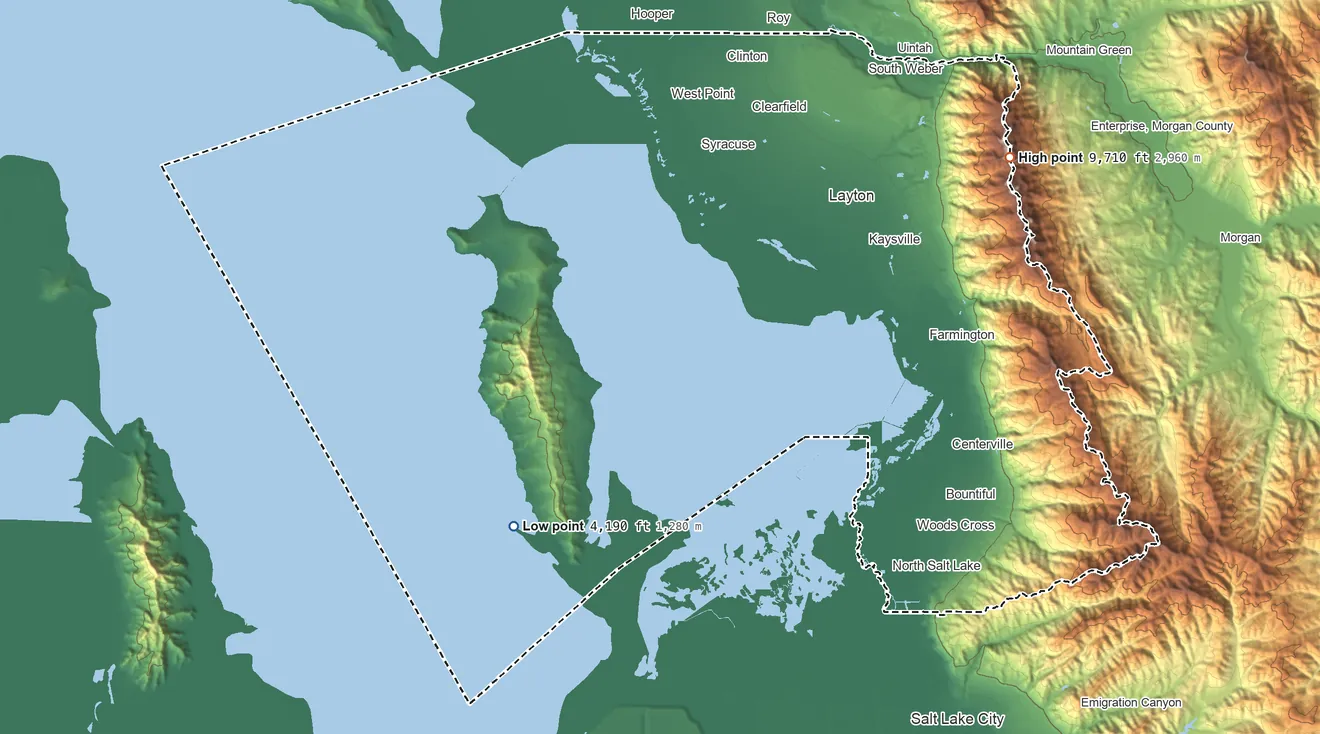 Topographic elevation map of Davis County, Utah, shaded from 4,190 ft on the southwest side to 9,710 ft on Thurston Peak