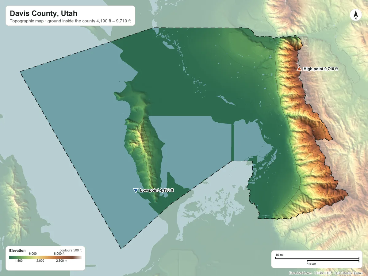 Topographic elevation map of Davis County, Utah, shaded from 4,190 ft on the southwest side to 9,710 ft on Thurston Peak