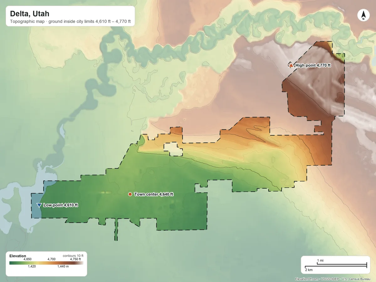 Topographic elevation map of Delta, Utah, shaded from 4,610 ft on the west side to 4,770 ft on the northeast side