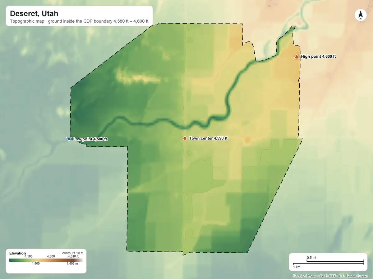 Topographic elevation map of Deseret, Utah, shaded from 4,580 ft on the west side to 4,600 ft on the northeast side