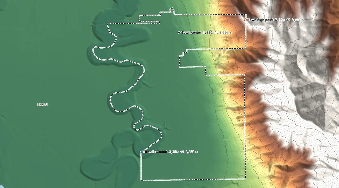 Topographic elevation map of Deweyville, Utah, shaded from 4,220 ft on the south side to 6,930 ft at the foot of the Wellsville Mountains
