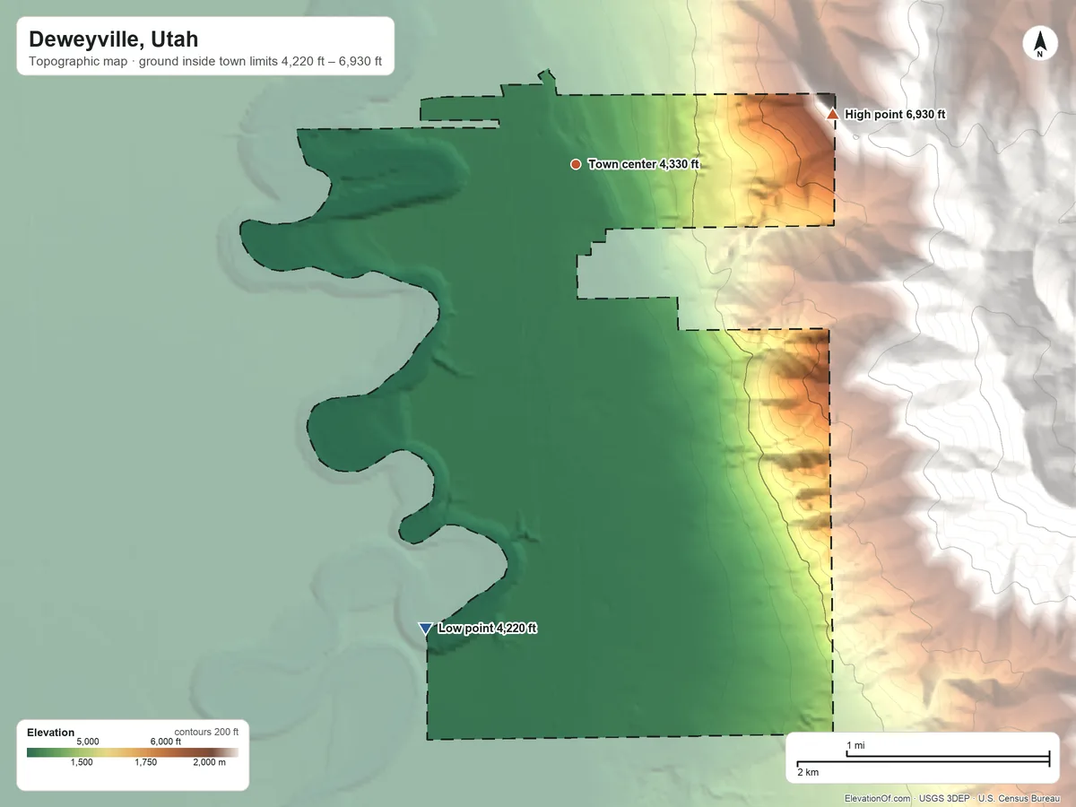 Topographic elevation map of Deweyville, Utah, shaded from 4,220 ft on the south side to 6,930 ft at the foot of the Wellsville Mountains
