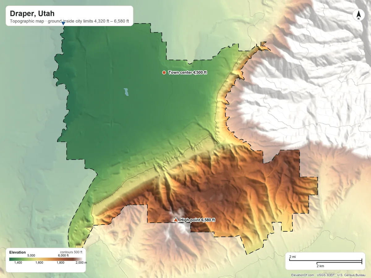 Topographic elevation map of Draper, Utah, shaded from 4,320 ft on the northwest side to 6,580 ft on the south side