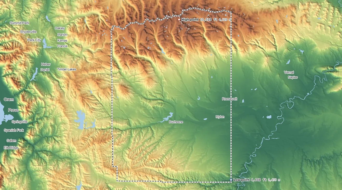 Topographic elevation map of Duchesne County, Utah, shaded from 4,840 ft on the southeast side to 13,518 ft on South Kings Peak