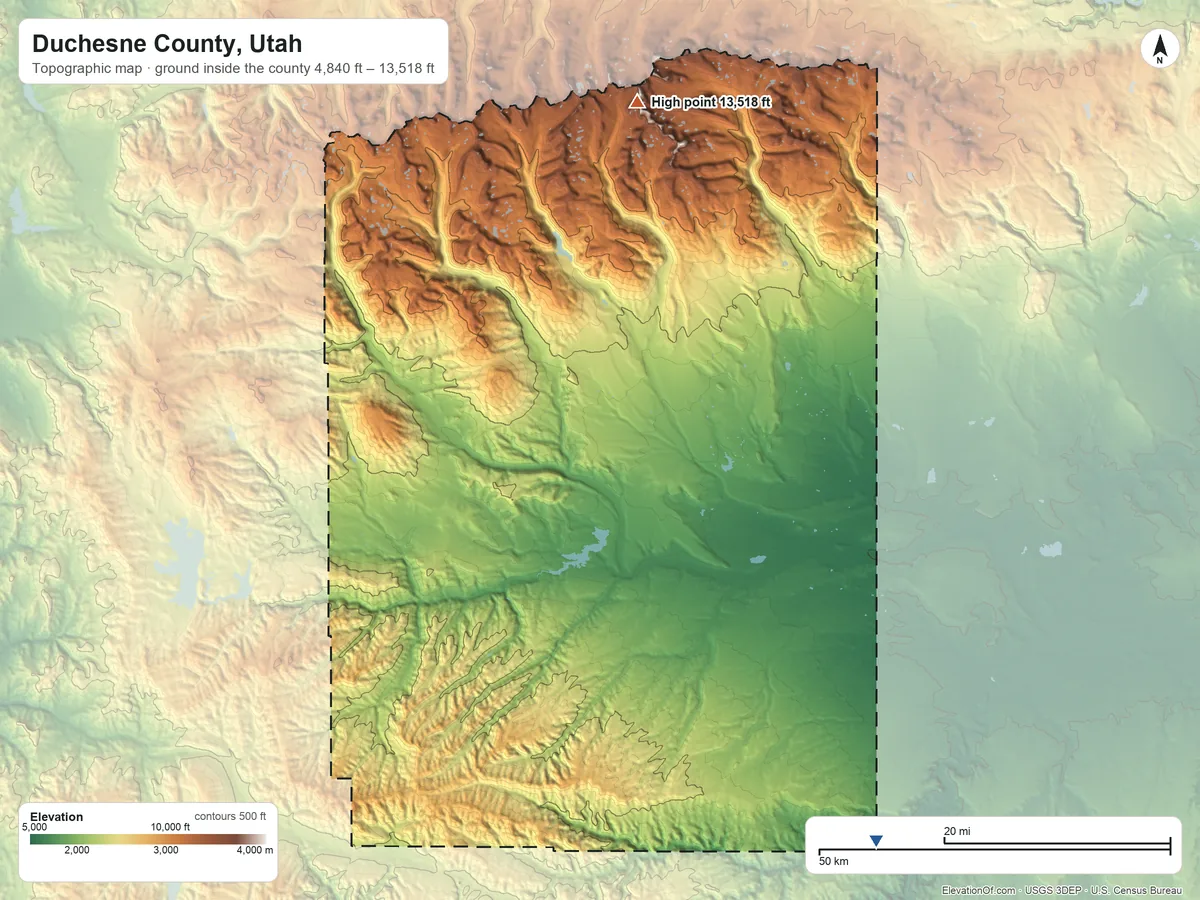 Topographic elevation map of Duchesne County, Utah, shaded from 4,840 ft on the southeast side to 13,518 ft on South Kings Peak