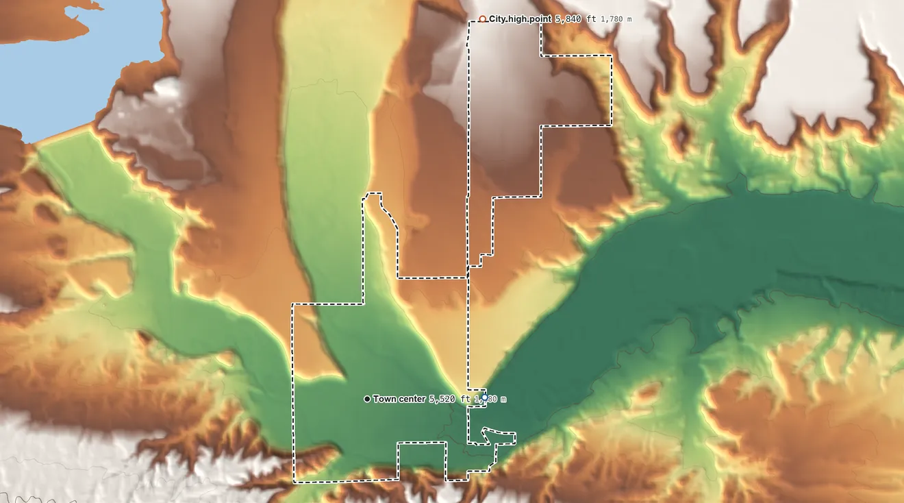 Topographic elevation map of Duchesne, Utah, shaded from 5,490 ft on the east side to 5,840 ft on the north side