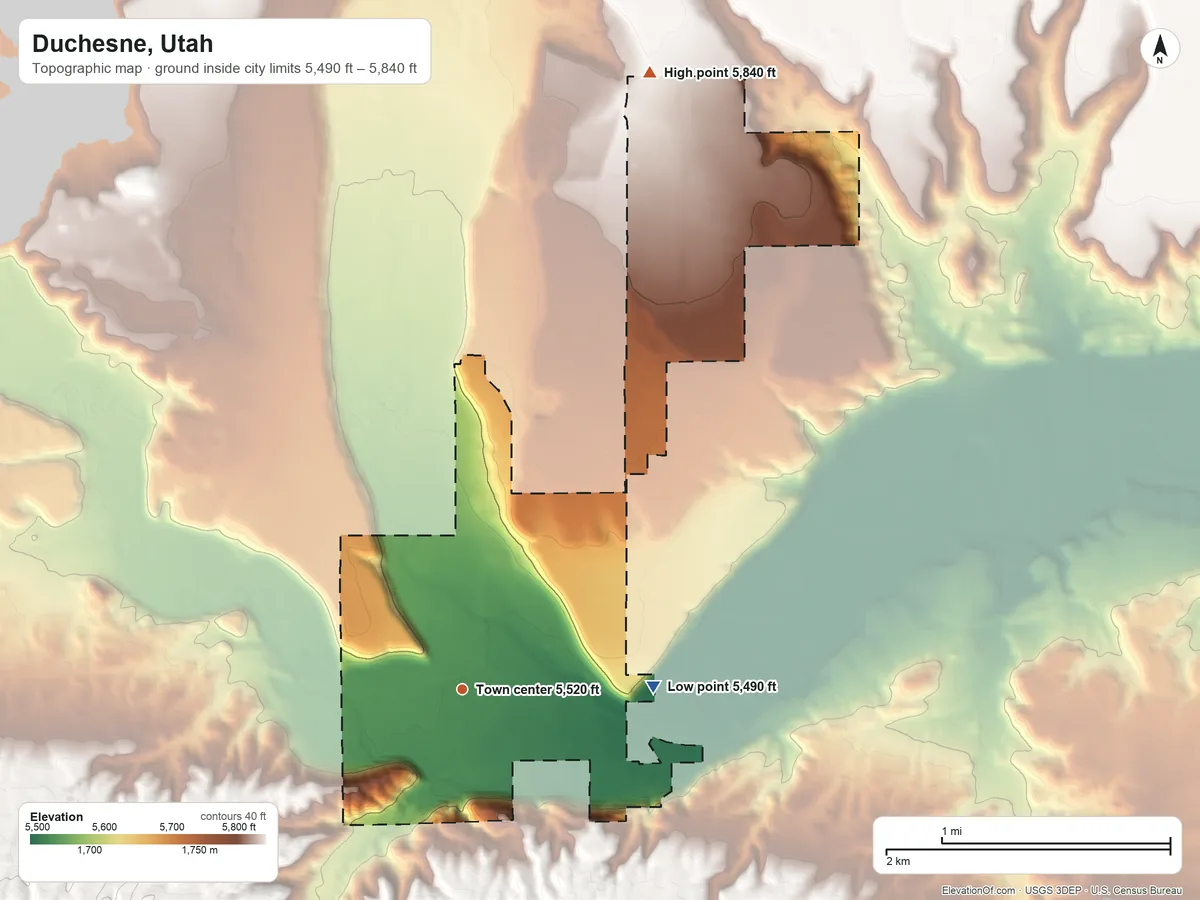 Topographic elevation map of Duchesne, Utah, shaded from 5,490 ft on the east side to 5,840 ft on the north side