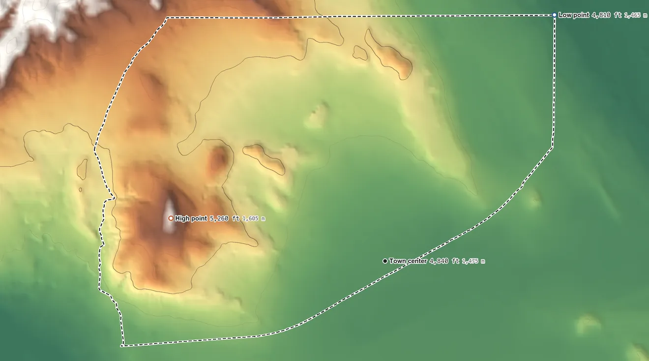 Topographic elevation map of Dugway, Utah, shaded from 4,810 ft on the northeast side to 5,260 ft at the foot of the Onaqui Mountains