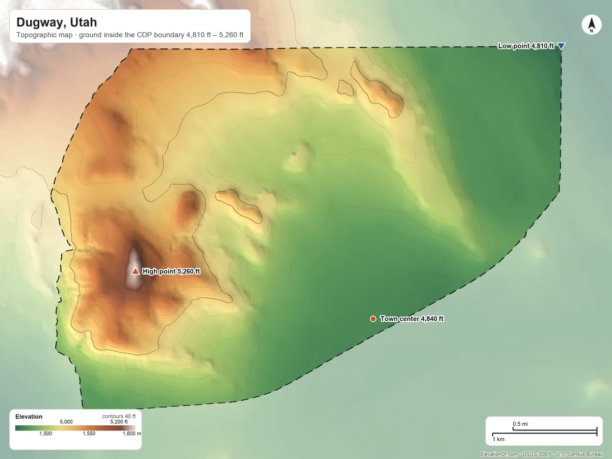 Topographic elevation map of Dugway, Utah, shaded from 4,810 ft on the northeast side to 5,260 ft at the foot of the Onaqui Mountains