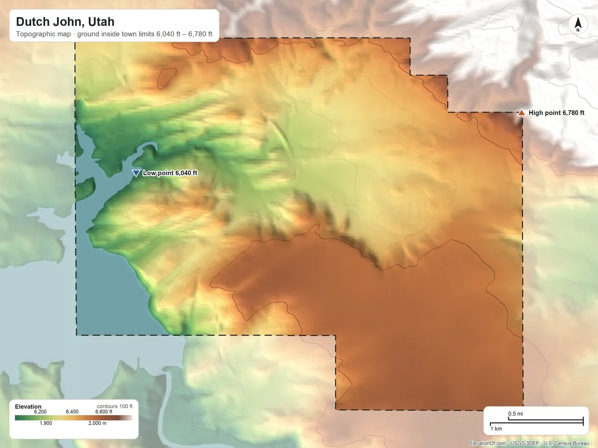 Topographic elevation map of Dutch John, Utah, shaded from 6,040 ft on the west side to 6,780 ft at the foot of the Uinta Mountains