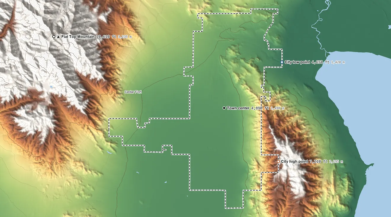 Topographic elevation map of Eagle Mountain, Utah, shaded from 4,650 ft on the northeast side to 7,210 ft at the foot of Lake Mountains