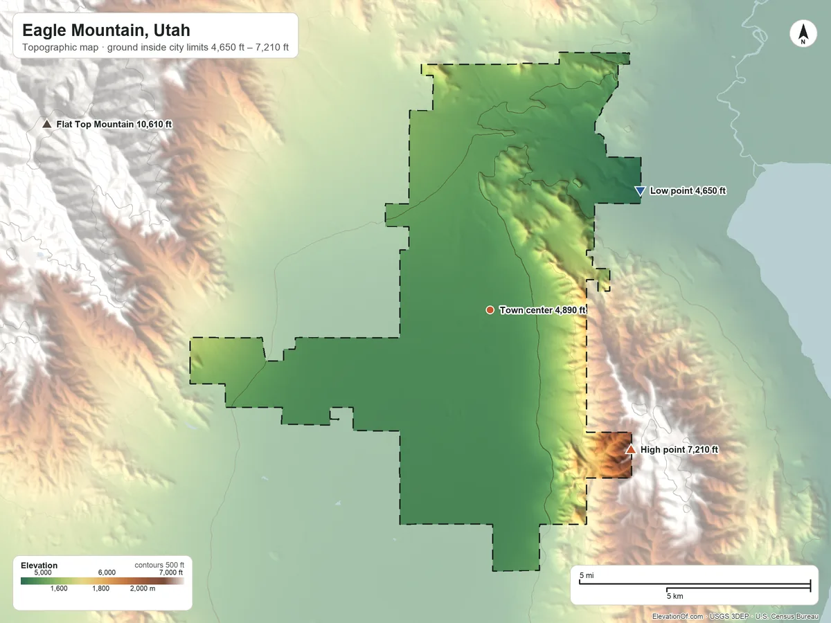 Topographic elevation map of Eagle Mountain, Utah, shaded from 4,650 ft on the northeast side to 7,210 ft at the foot of Lake Mountains