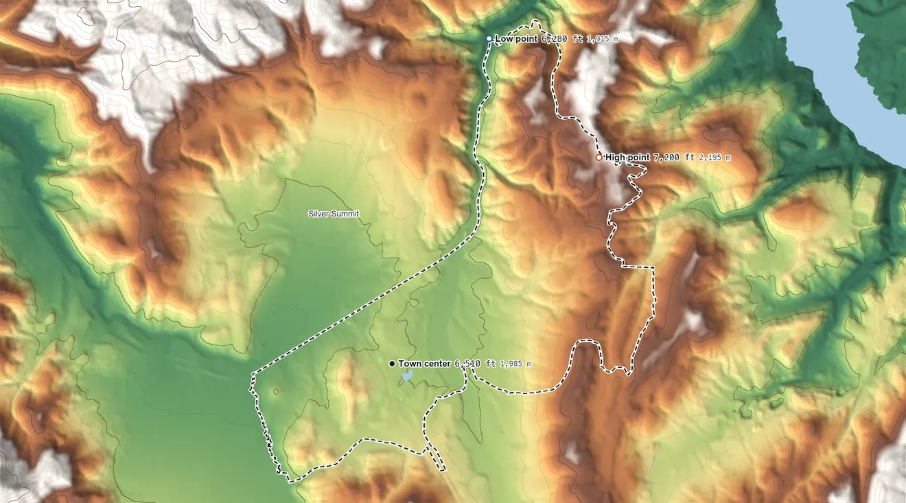 Topographic elevation map of East Basin, Utah, shaded from 6,280 ft on the north side to 7,200 ft on the northeast side