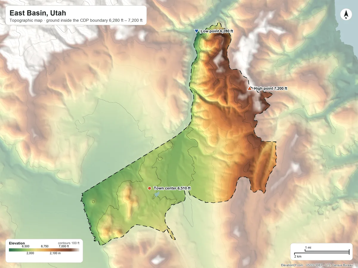 Topographic elevation map of East Basin, Utah, shaded from 6,280 ft on the north side to 7,200 ft on the northeast side