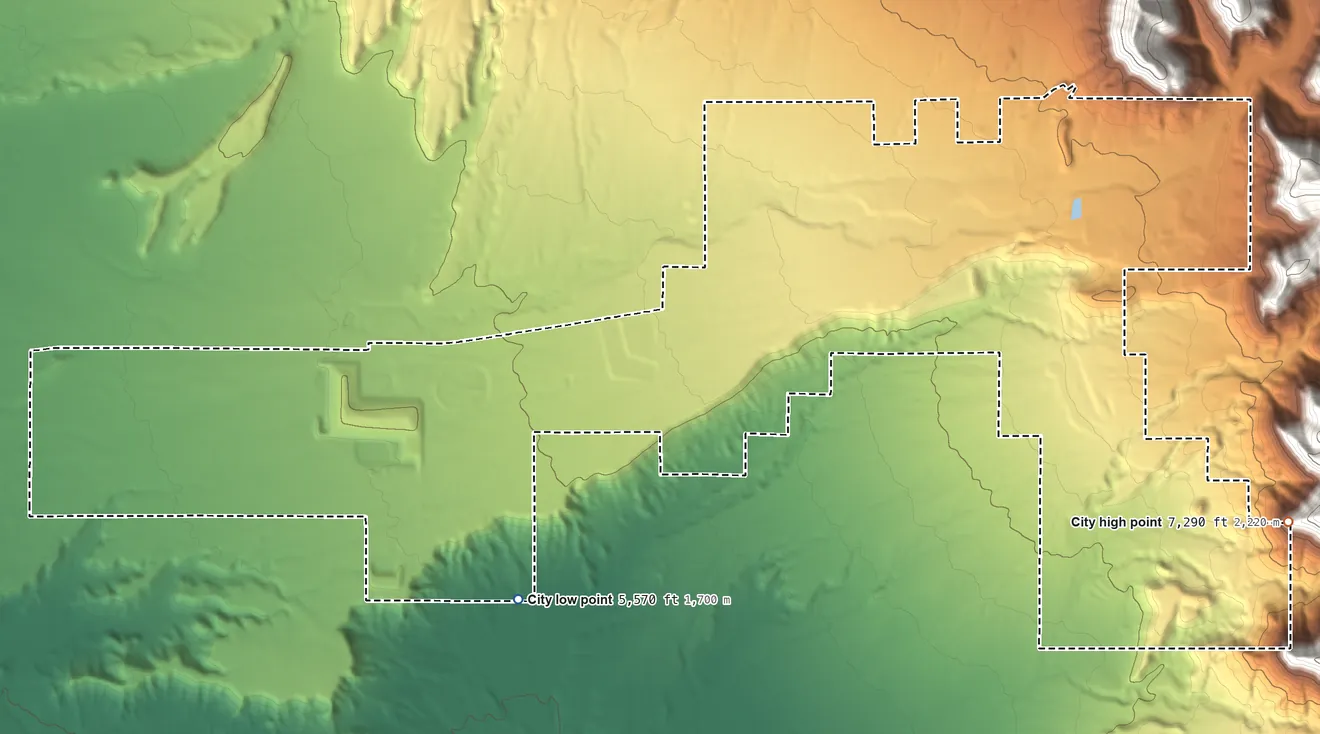 Topographic elevation map of East Carbon, Utah, shaded from 5,570 ft on the southwest side to 7,290 ft on the southeast edge, below higher ground just outside