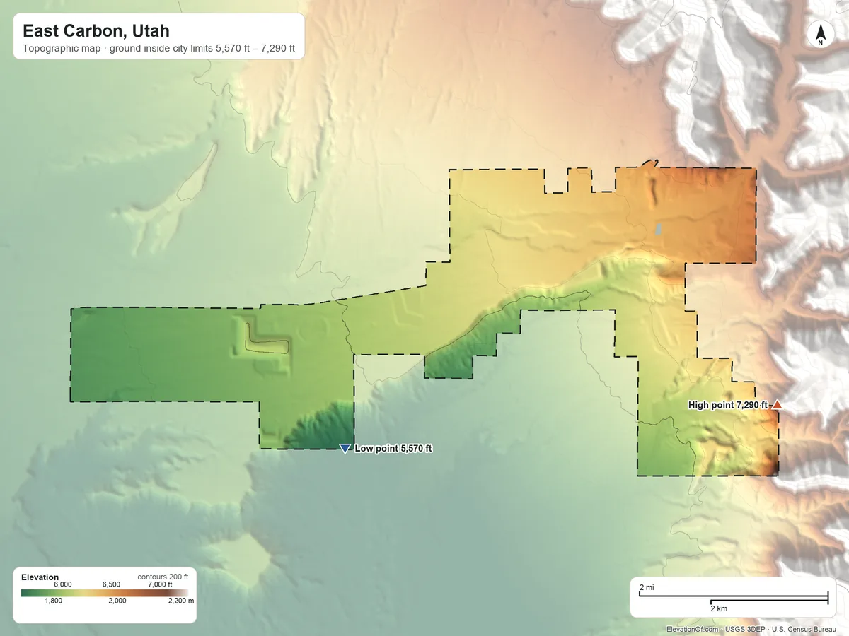 Topographic elevation map of East Carbon, Utah, shaded from 5,570 ft on the southwest side to 7,290 ft on the southeast edge, below higher ground just outside