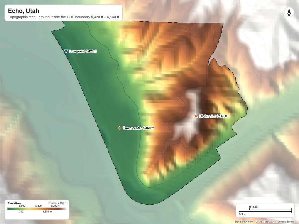 Topographic elevation map of Echo, Utah, shaded from 5,420 ft on the northwest side to 6,140 ft on the east edge, below higher ground just outside
