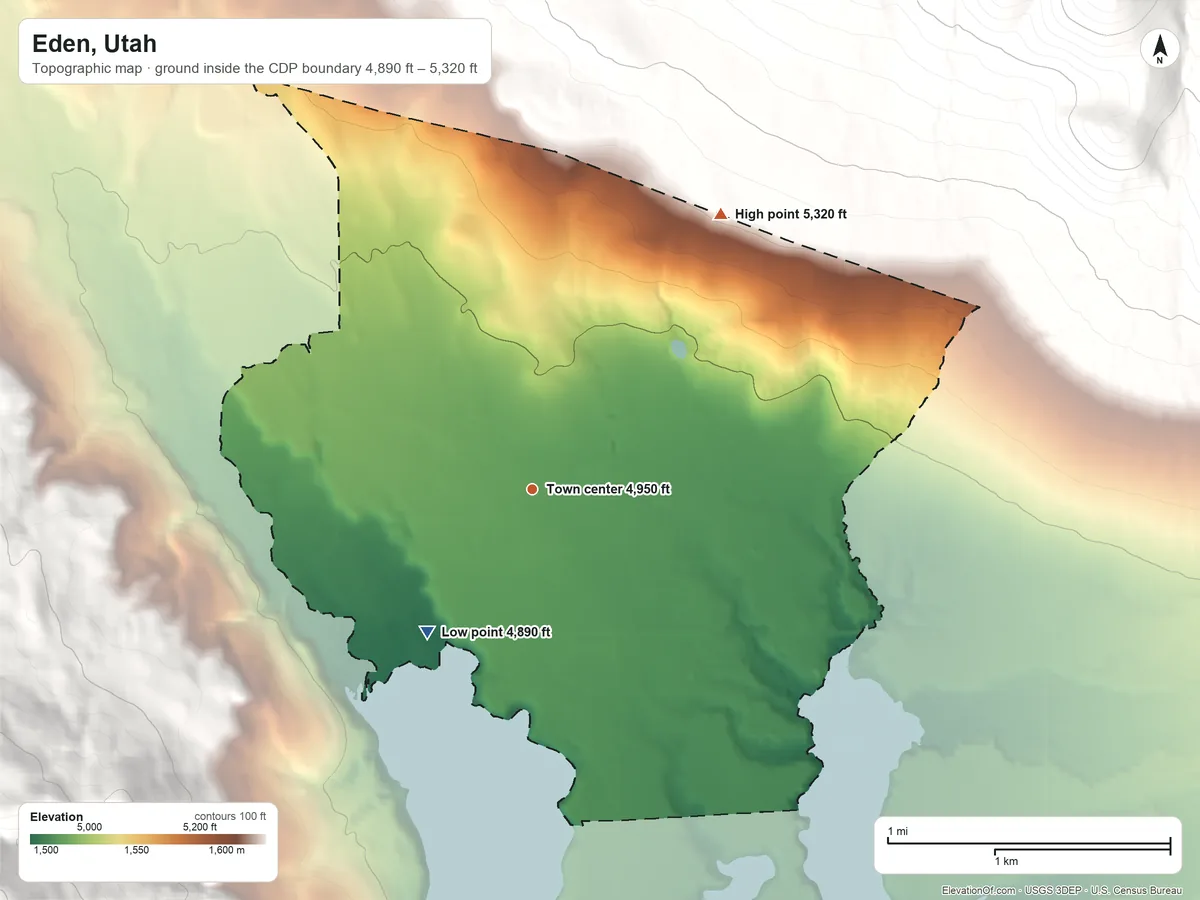 Topographic elevation map of Eden, Utah, shaded from 4,890 ft on the southwest side to 5,320 ft on the northeast edge, below higher ground just outside
