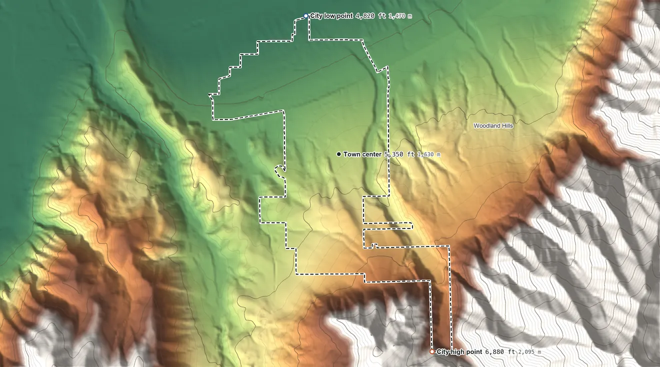 Topographic elevation map of Elk Ridge, Utah, shaded from 4,820 ft on the north side to 6,880 ft at the foot of the Wasatch Range