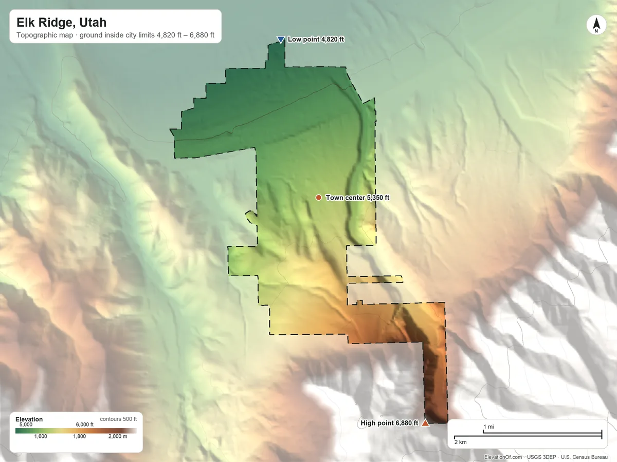 Topographic elevation map of Elk Ridge, Utah, shaded from 4,820 ft on the north side to 6,880 ft at the foot of the Wasatch Range