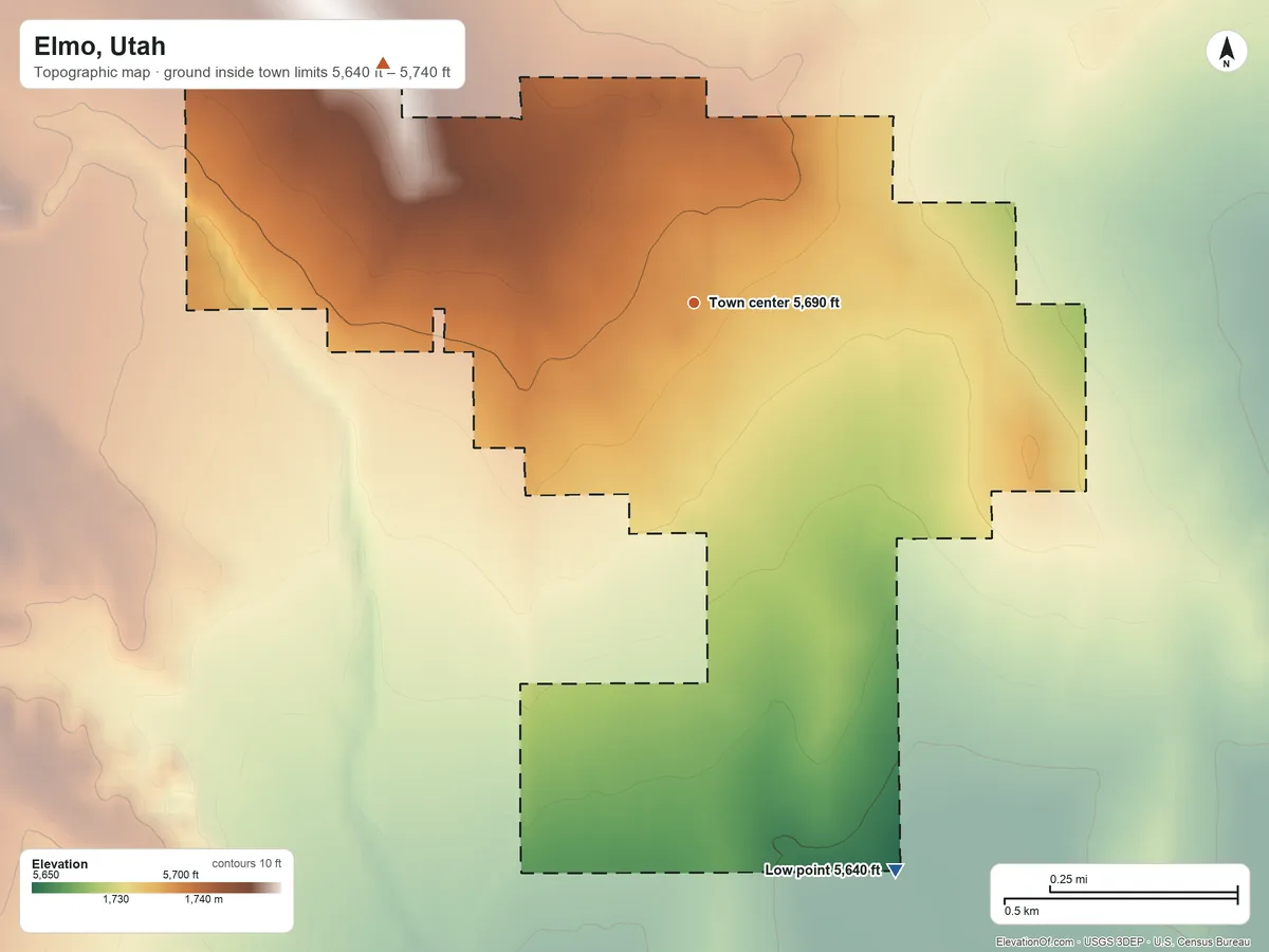 Topographic elevation map of Elmo, Utah, shaded from 5,640 ft on the south side to 5,740 ft on the northwest side