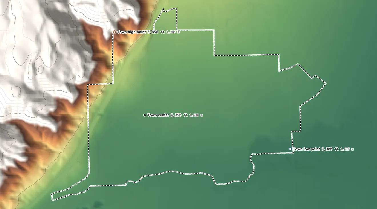 Topographic elevation map of Elsinore, Utah, shaded from 5,300 ft on the east side to 5,850 ft at the foot of the Antelope Range