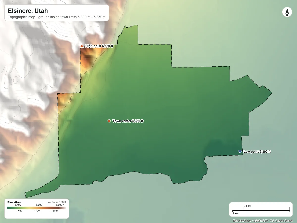 Topographic elevation map of Elsinore, Utah, shaded from 5,300 ft on the east side to 5,850 ft at the foot of the Antelope Range